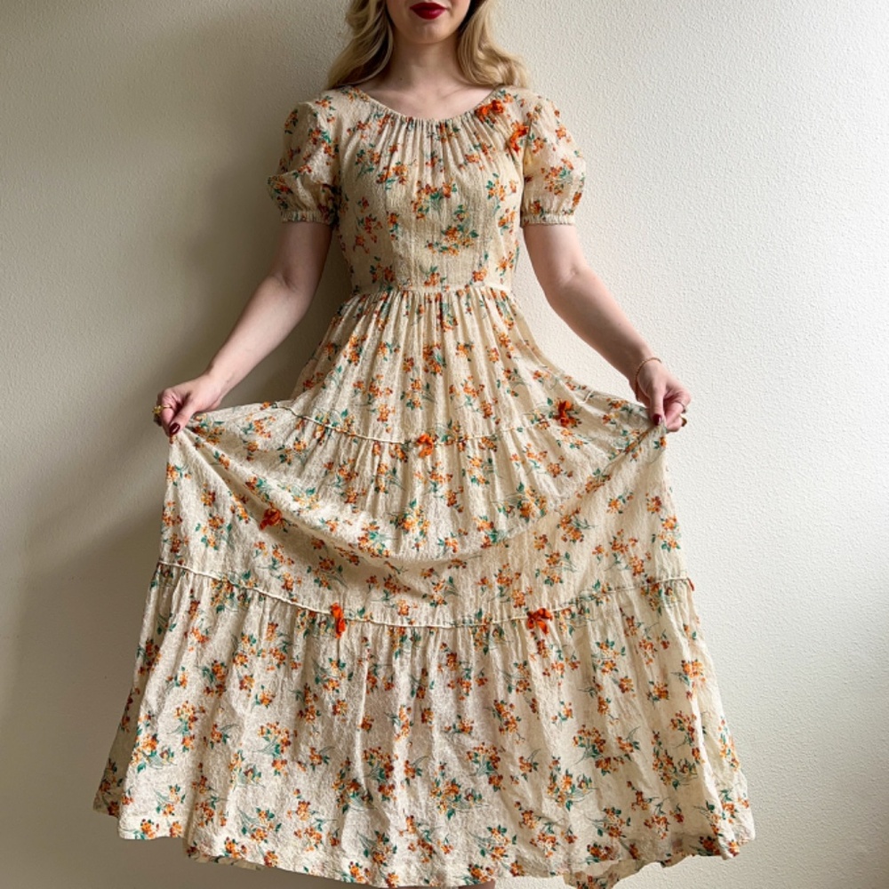Stunning Vintage 1930s Orange Floral Gown With Velvet Bows (XS/S) - Picture 3 of 14